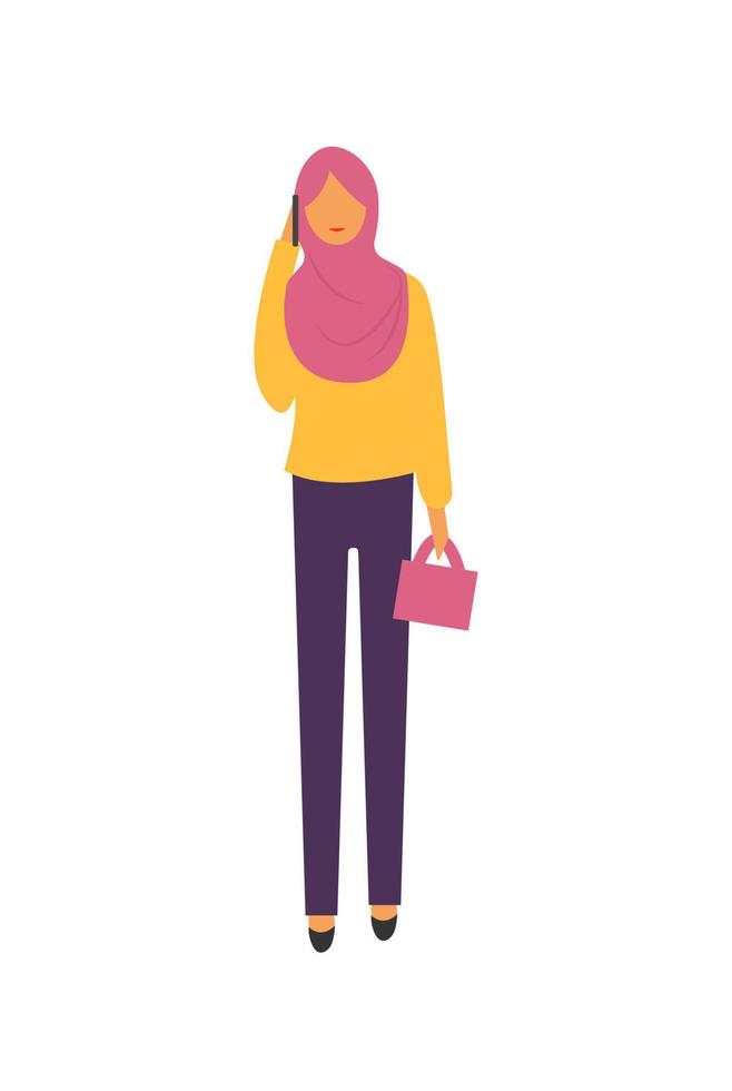 muslim kvinna bär etnisk kostymer är gående med mobil telefon, muslim kvinna använda sig av mobil telefon vektor illustration.