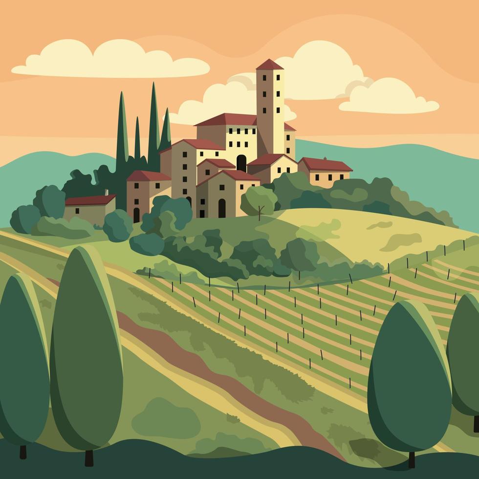 Landschaft im Landschaft Italien mit Häuser, Felder und Bäume im das Hintergrund. Vektor Illustration. eben Design Poster. europäisch Sommer- Dorf.