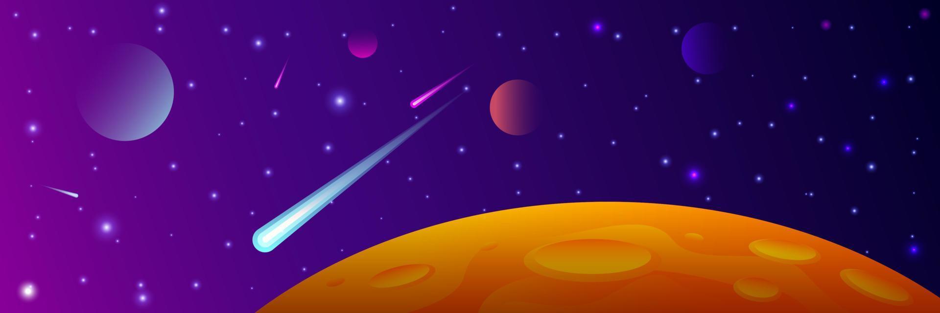 stor röd planet med kratrar. fördärvar vektor illustration. Plats bakgrund med stjärnor, planet och kometer. dekoration för din design. eps 10.