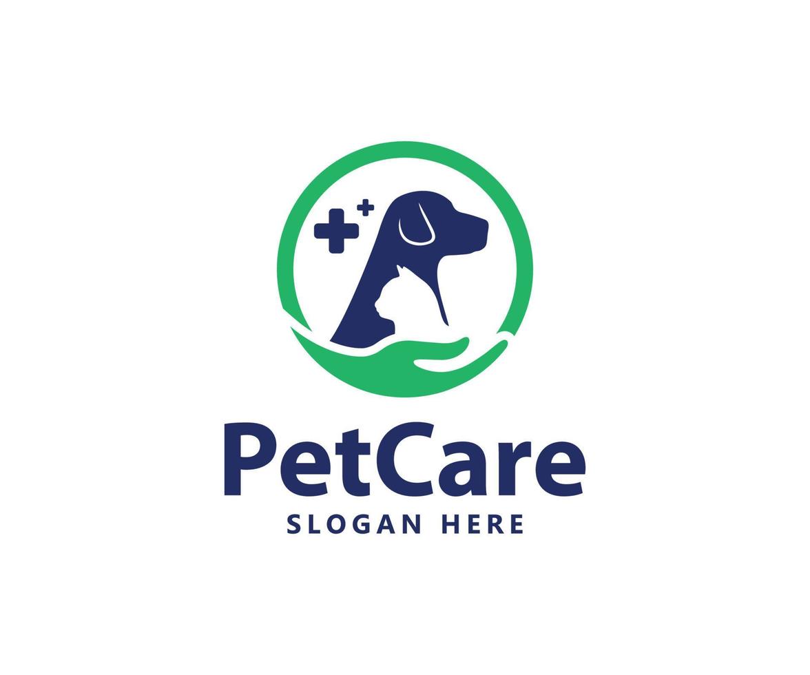 Haustier Klinik Logo mit Hund, Katze, und Hand mit Kreuz Symbol. Haustier Pflege Logo mit Hund, Katze, Vogel und Hand Symbole vektor