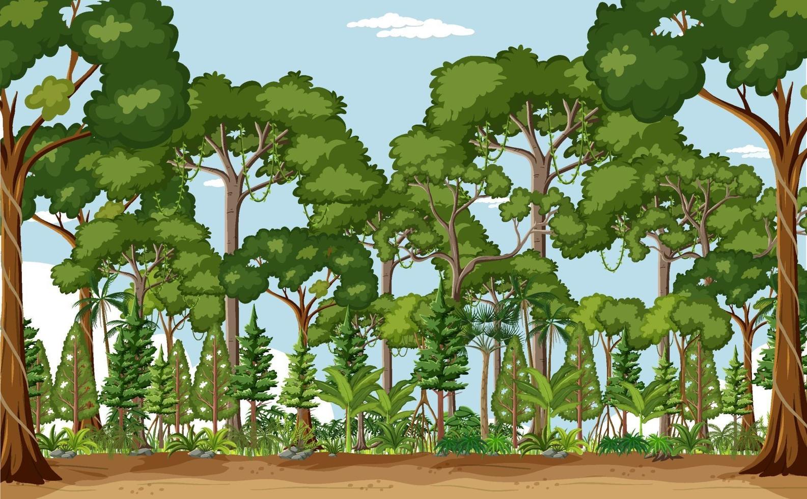 Waldszene mit vielen Bäumen zur Tageszeit vektor