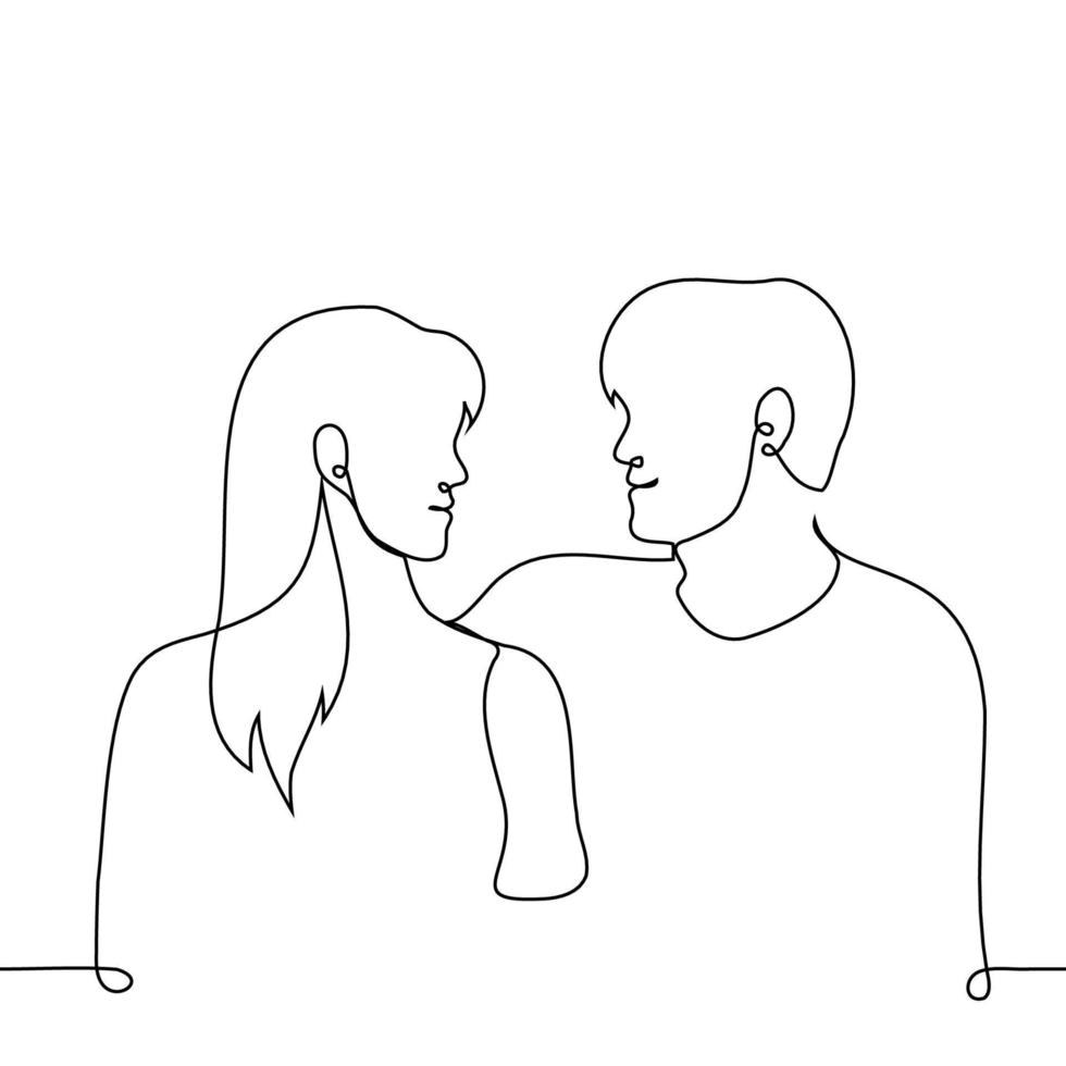 man och kvinna ansikte till ansikte leende på varje Övrig - ett linje teckning vektor. de begrepp av en heterosexuell par i kärlek, vänner, Stöd, vara i kärlek vektor