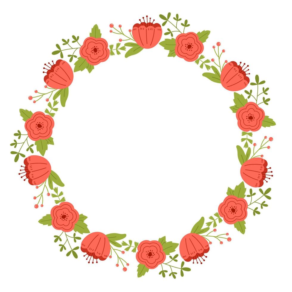 vektor krans med löv och rosa blommor. blommig ram för firande. blomma runda gräns kopia Plats. romantisk design för hälsning kort och inbjudningar. elegant text mall med vår växter.