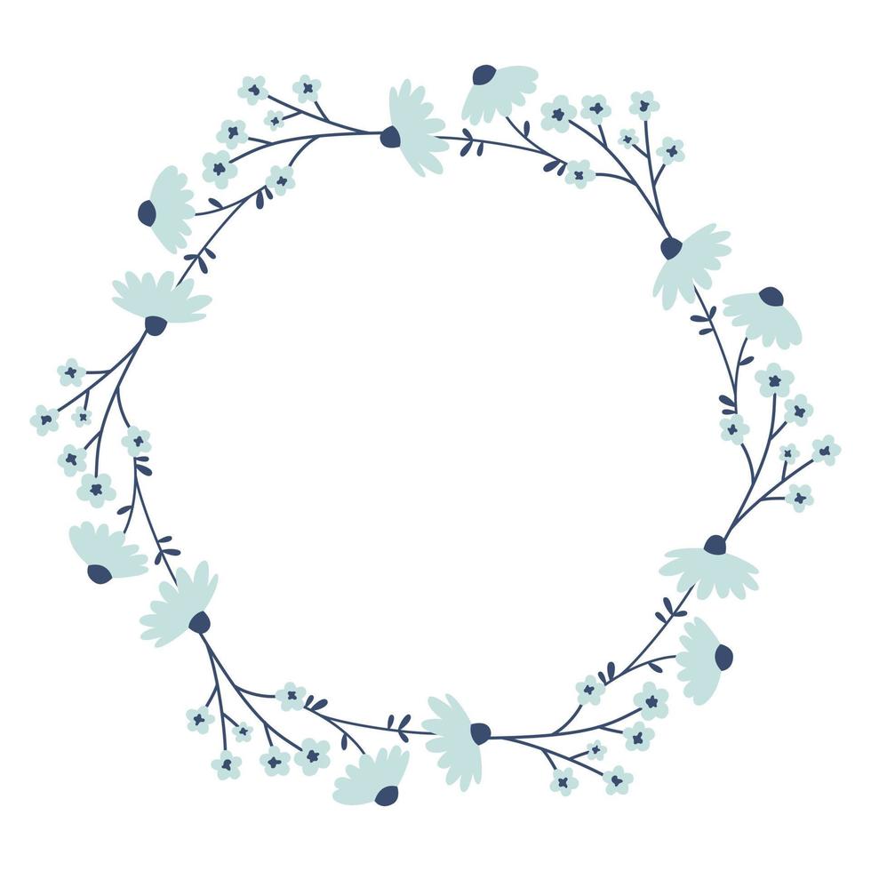 vektor krans med blå blommor. blommig ram för firande. blomma runda gräns kopia Plats. romantisk design för hälsning kort och inbjudningar. blommig text mall med vår växter.