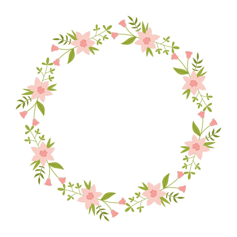 Vektor Kranz mit Grün Blätter und gestreift Rosa Blumen. Blumen- Rahmen zum Feierlichkeiten. Blume runden Rand Kopieren Raum. romantisch Design zum Gruß Karten. Text Vorlage mit Frühling Pflanzen.