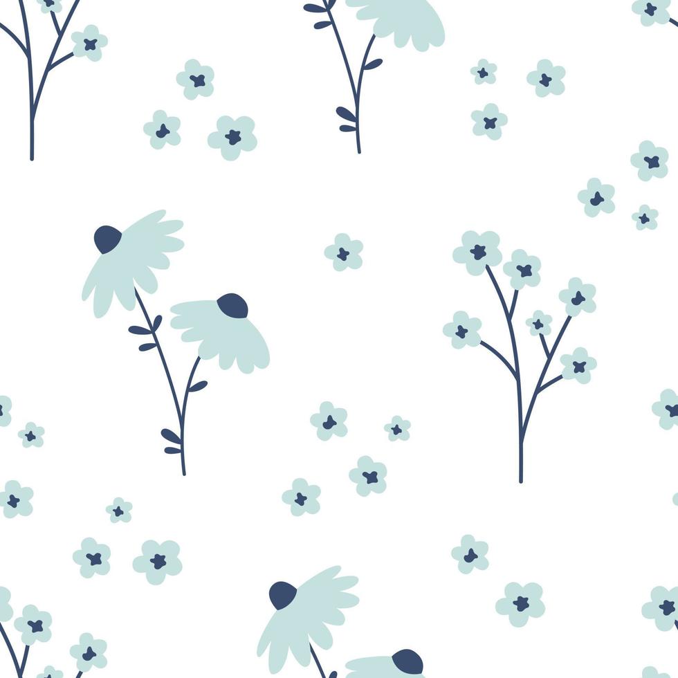 Vektor Blumen- nahtlos Muster mit Blau Wildblumen. Blumen mit dunkel Blau Stängel auf Weiß Hintergrund. Frühling botanisch Muster. Blau Blumen im eben Design.