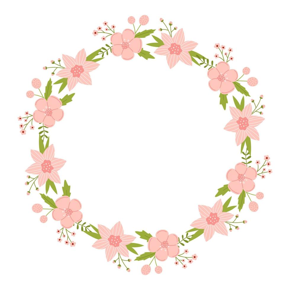 vektor krans med löv och rosa blommor. blommig ram för bröllop. blomma runda gräns kopia Plats. romantisk design för hälsning kort och inbjudningar. elegant text mall med randig blommor.