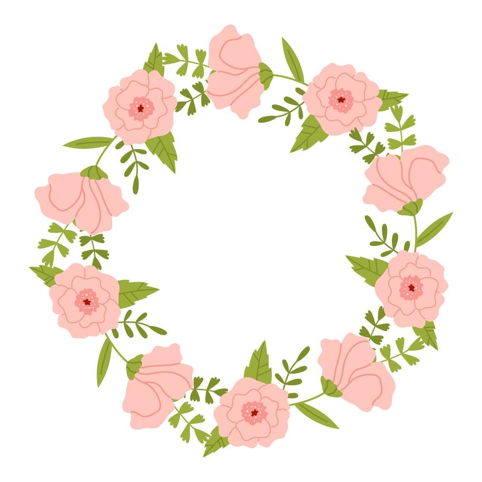 vektor krans med löv och rosa blommor. blommig ram för bröllop eller födelsedag. blomma runda gräns kopia Plats. romantisk design för hälsning kort och inbjudningar. elegant text mall.