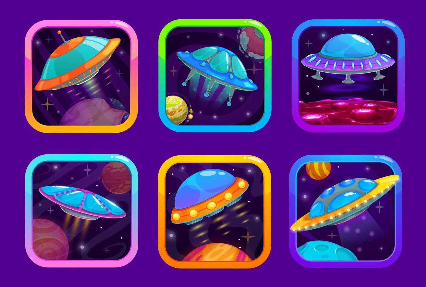 Karikatur Raum Spiel App Symbole mit UFO Raumschiffe vektor