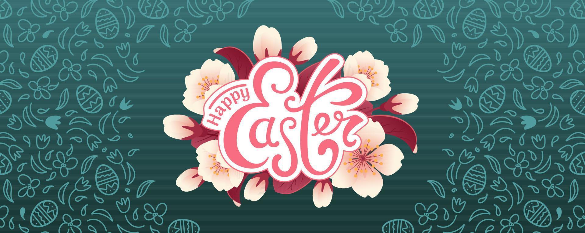 glücklich Ostern. horizontal Vektor Banner. Kirsche blühen realistisch Stil, Gekritzel Muster Schokolade Eier, Gänseblümchen und Tulpen. Jahrgang Beschriftung. zum Poster, Postkarten, Werbung Banner, Webseite, Flyer