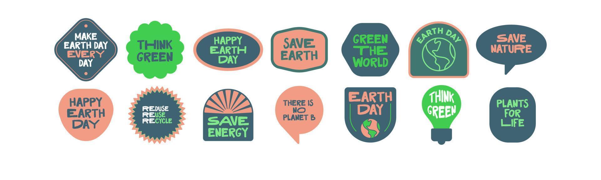 jord dag klistermärken. miljö- medvetenhet citat. grön eco vänlig livsstil. vektor