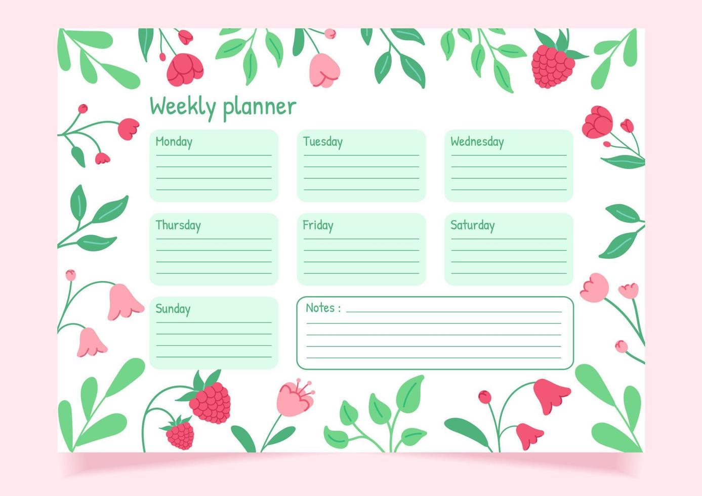 varje vecka planerare mall design med rosa blommor och löv. vektor