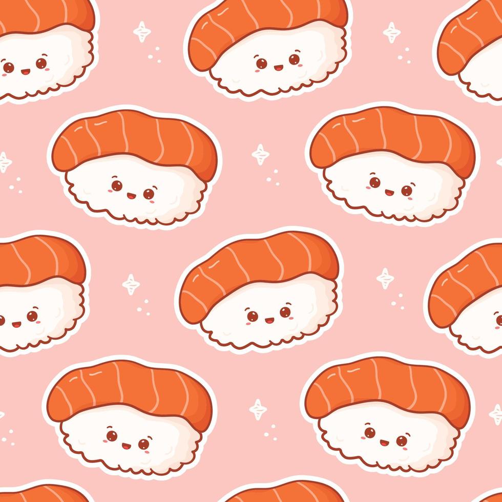söt sömlös mönster med sushi med rolig ansikte. söt skriva ut asiatisk mat i tecknad serie stil för telefon fall, bakgrunder, mode, omslag papper och textil. vektor illustration