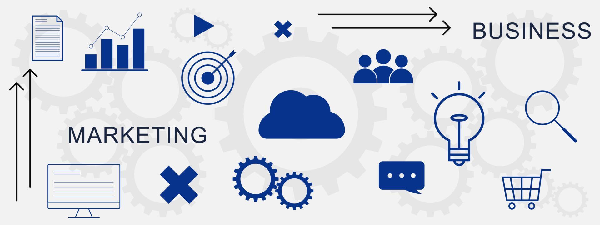 Geschäft Marketing Hintergrund mit Symbole, Wagen, Blase Plaudern, Wolke, Diagramm, dokumentieren auf Weiß Hintergrund. Vektor Illustration.