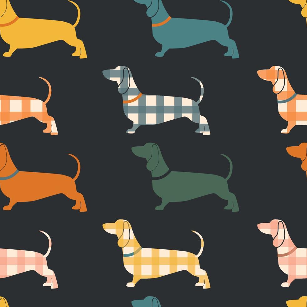 sömlös mönster med färgrik taxar hundar på mörk bakgrund vektor