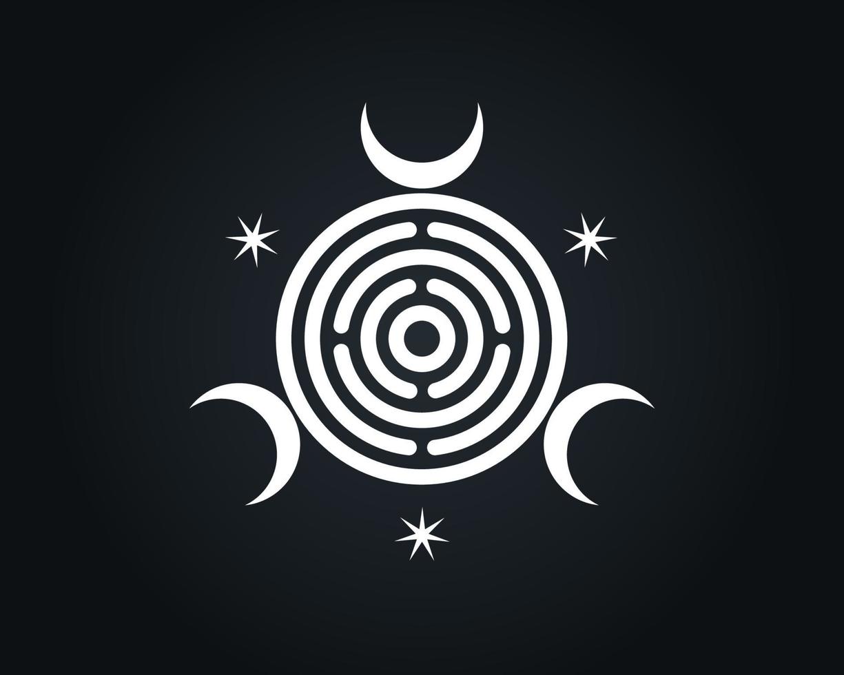 heilig Geometrie, verdreifachen Göttin von Hexerei spirituell greco römisch. Hexe Wicca Siegel, mystisch Labyrinth, verdreifachen Halbmond Mond, Weiß Logo Design Vektor isoliert auf schwarz Hintergrund