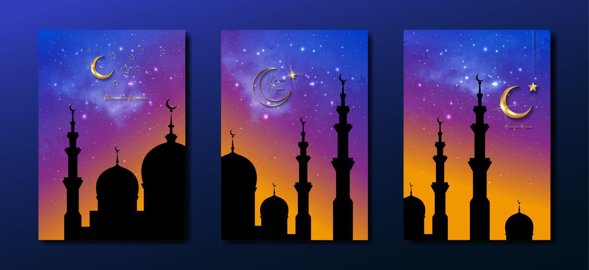 Ramadan kareem 2023 Vektor einstellen Gruß Karte. Gold Hälfte Mond auf sternenklar bunt Hintergrund. Urlaub Poster mit Text, islamisch Symbol. Konzept Muslim Religion Banner, Flyer, Party Einladung, Verkauf Geschäft