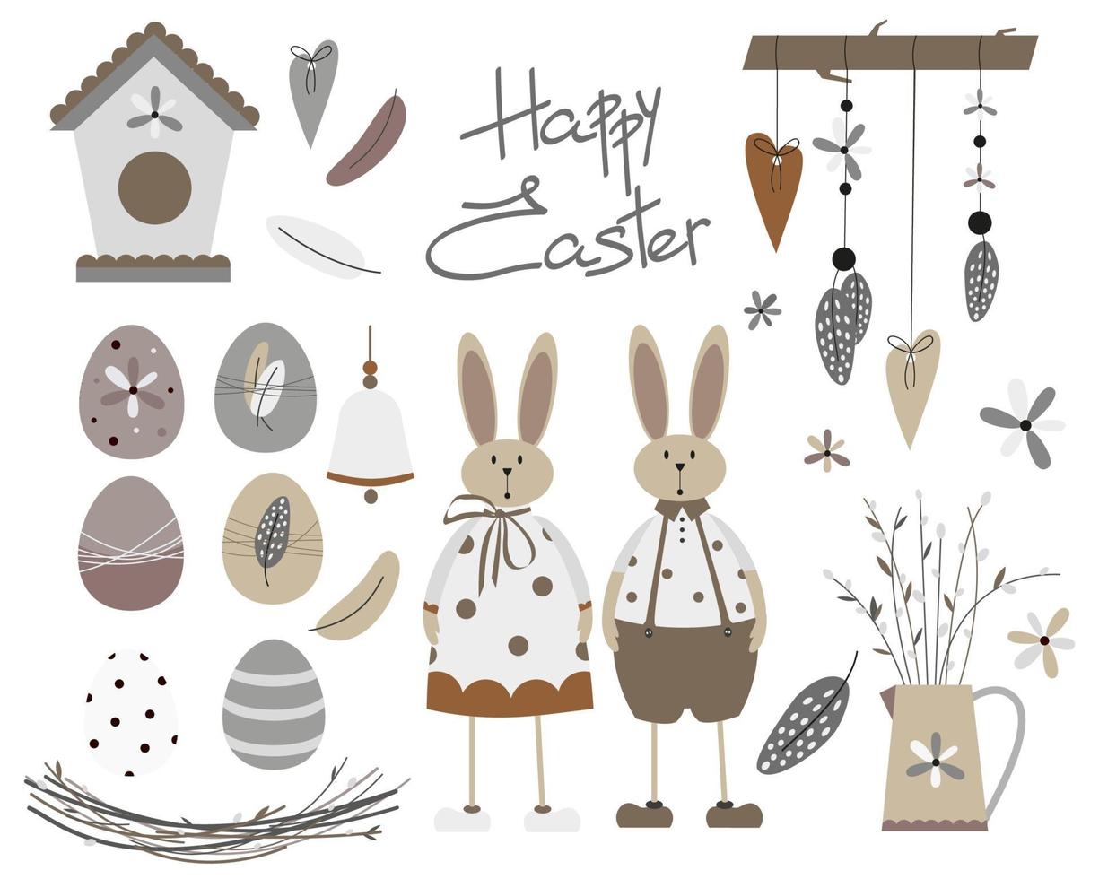 söt skandinavisk påskuppsättning med kanin, kanin, pil, ägg, fågelholk, klocka, bo, krans, fjädrar och text "glad påsk". vektor