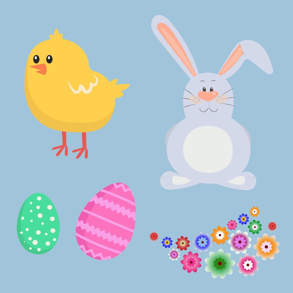 påsk element uppsättning, påsk kanin, brud, påsk ägg och ljus blommor på en blå bakgrund. vektor