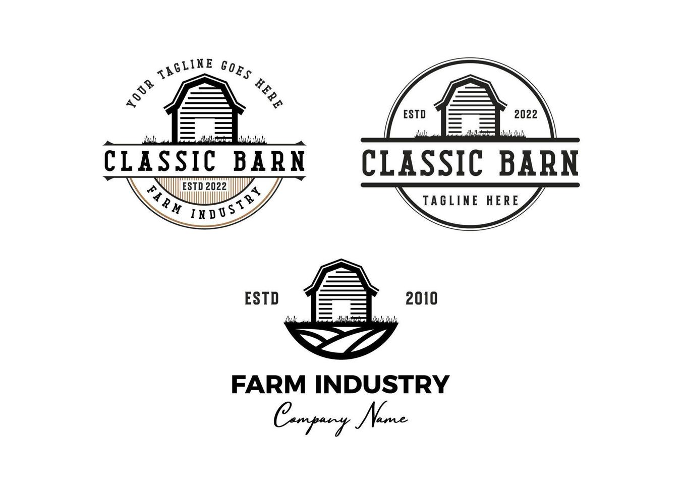 vintage farm logo design - scheune holz gebäude haus bauernhof kuh vieh vektor