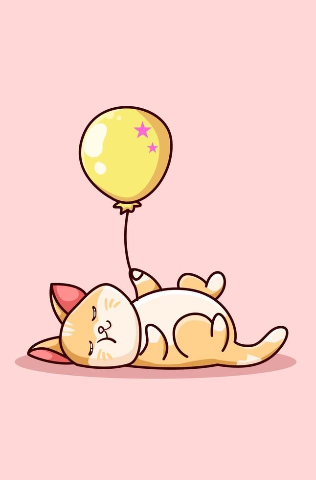 eine süße Katze, die mit gelbem Ballon schläft vektor