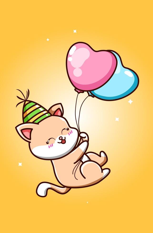 eine süße Katze, die einen Geburtstagshut trägt und mit zwei Ballons schwebt vektor