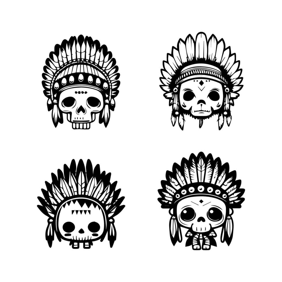 süß kawaii Schädel Kopf Logo tragen indisch Chef Zubehör Sammlung einstellen Hand gezeichnet Illustration vektor