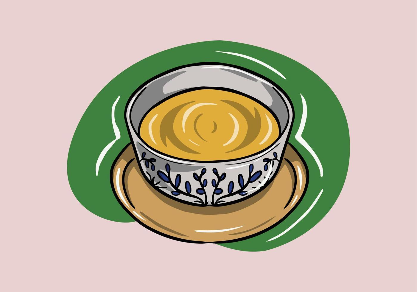 vektor, skiss, tecknad serie, hand dragen kopp av vispad grön mathca kaffe på en tallrik. illustrerade design på kopp. vektor