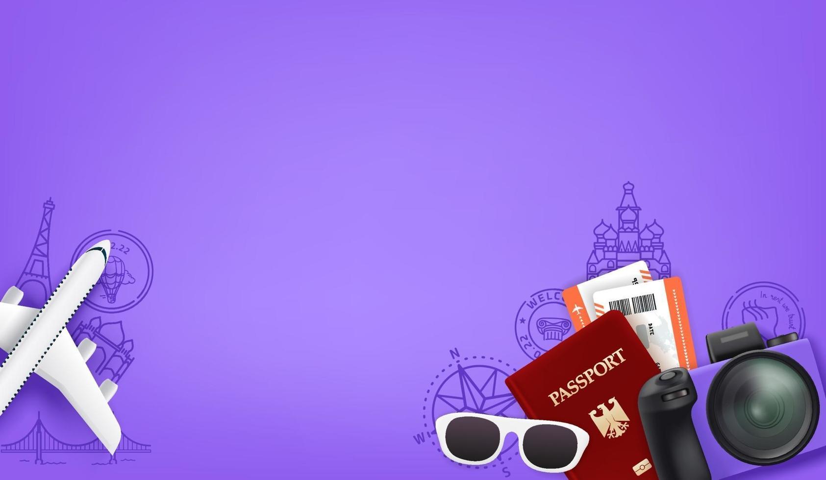 violetter Hintergrund mit verschiedenen Reisemitarbeitern. Reisepass, Digitalkamera, Tickets, Sonnenbrille vektor