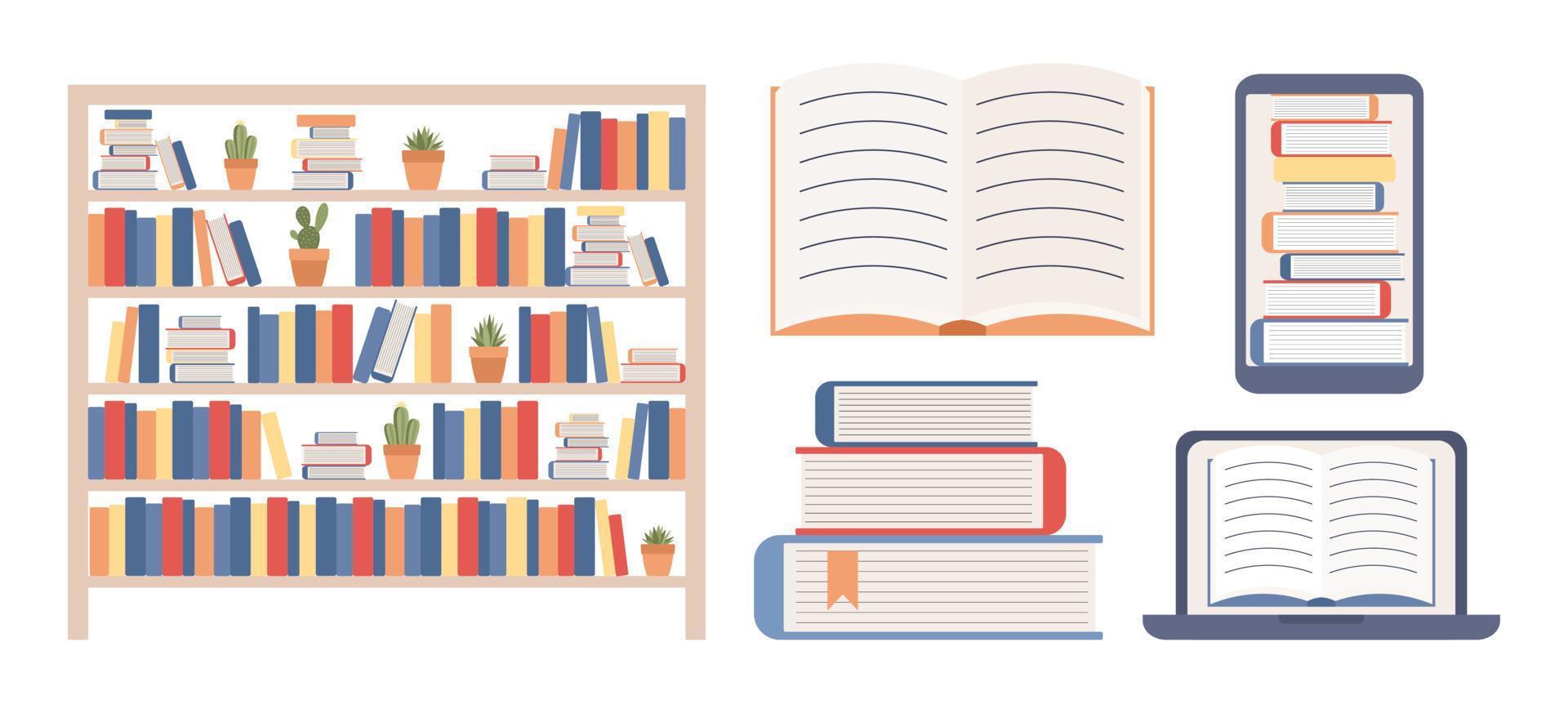 online Bibliothek Symbol Satz. lesen Bücher. Bibliothek, Bildung Konzept. Vektor eben Illustration