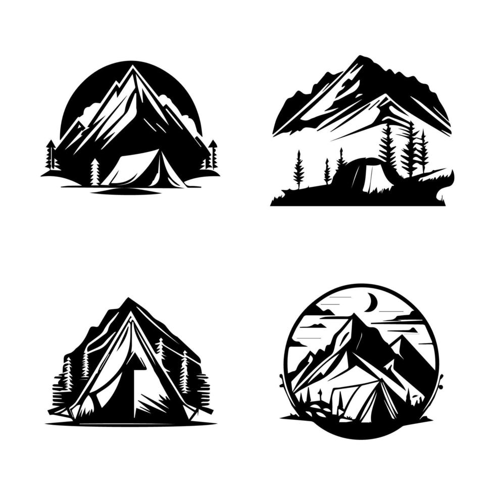rustik och äventyrlig hand dragen samling uppsättning av camping logotyp silhuetter, perfekt för natur älskande och utomhus- entusiaster vektor