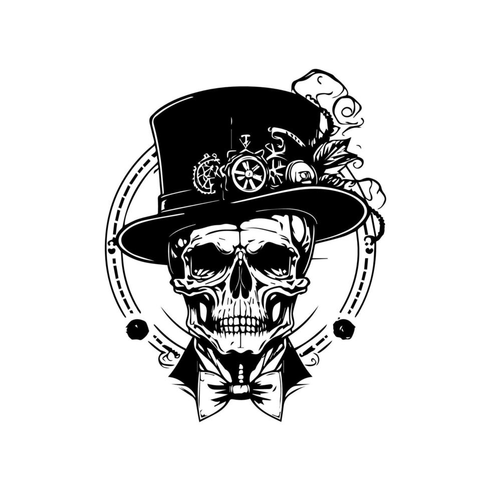 ein stilvoll Schädel tragen ein Jahrgang Steampunk Hut, Hand gezeichnet mit kompliziert Linie Kunst Einzelheiten, perfekt zum kreativ Designs und Fan-Shop vektor
