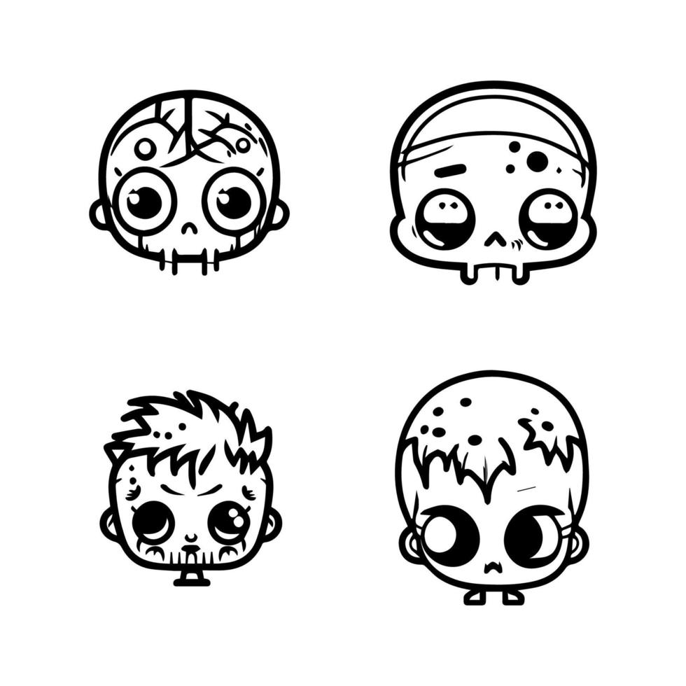 spielerisch und schrullig Hand gezeichnet kawaii Zombie Kopf Sammlung Satz, mit süß und charmant Linie Kunst Abbildungen von Untote Niedlichkeit vektor
