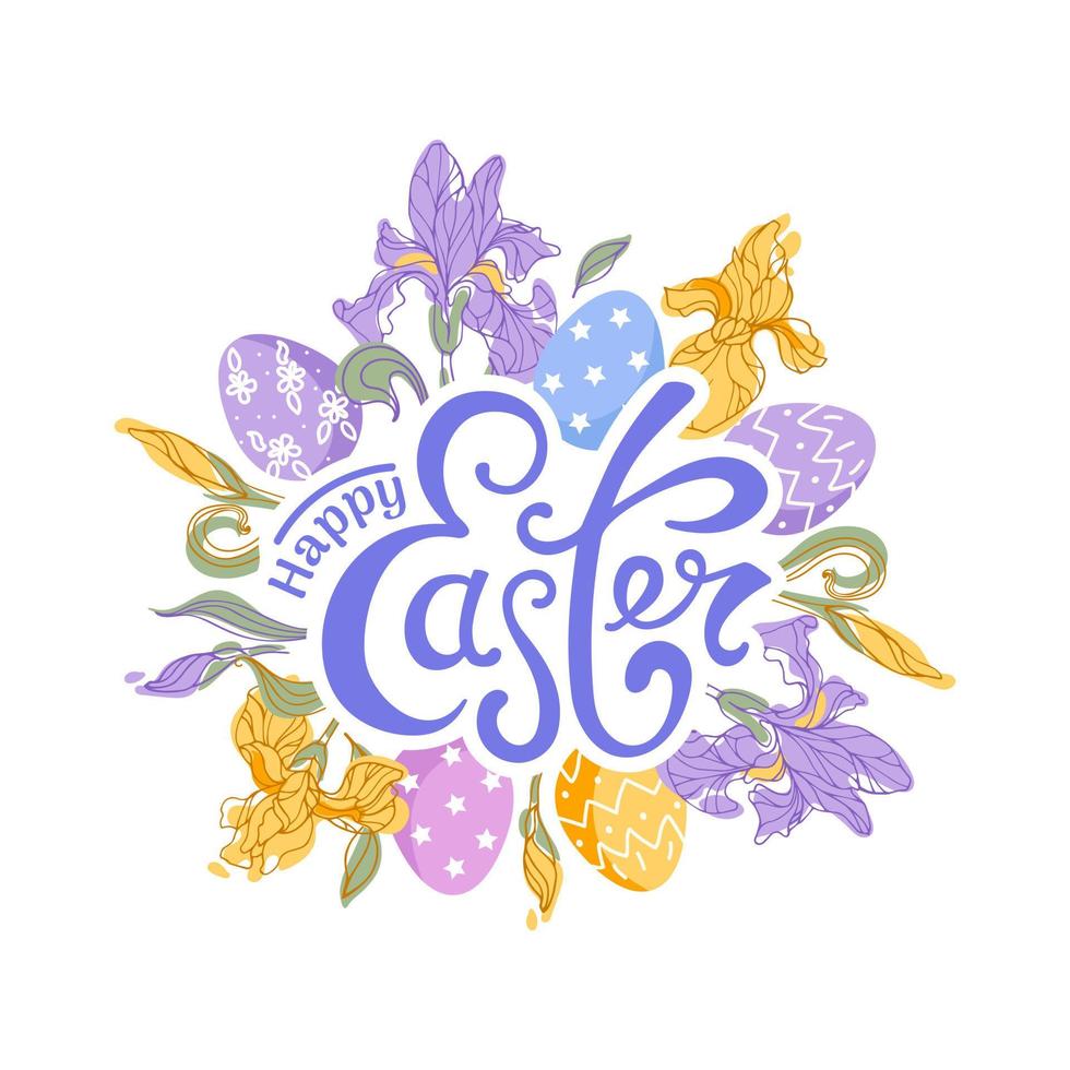 glücklich Ostern. Iris und Schokolade bunt Eier. zart Frühling Blumen. Jahrgang Beschriftung. Vektor Illustration zum Poster, Postkarten, Banner, Drucken auf Stoff.