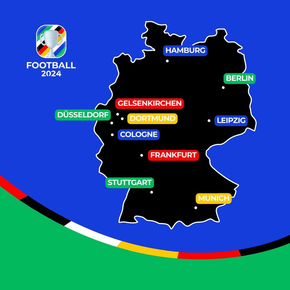 Fußball 2024 Gastgeber Städte. Vektor Karte von Deutschland mit Städte Hosting das europäisch Fußball Meisterschaft 2024