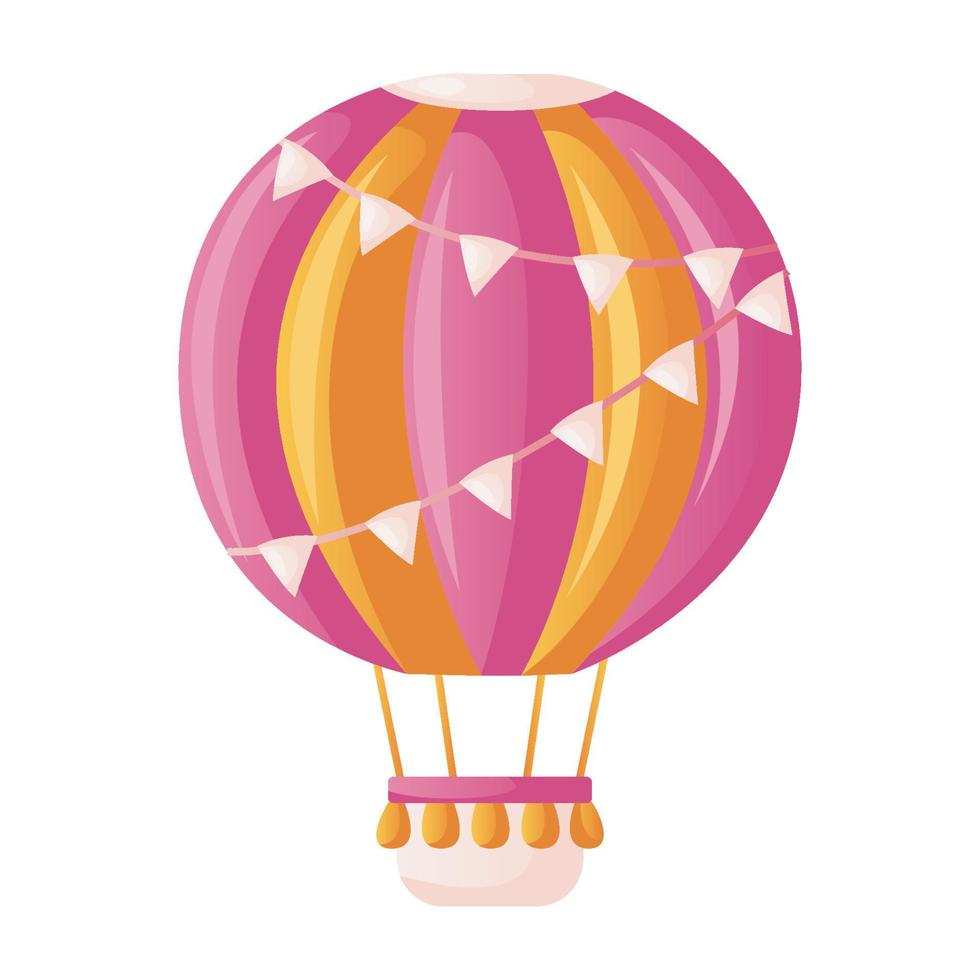 süß Rosa heiß Luft Ballon mit fliegend Flaggen. Boho bunt Aerostat zum Kinder, Kindergarten. Baby Dusche Einladung. es ist ein Mädchen. Hallo Baby Feier, Urlaub, Fall. Banner, Flyer. Karikatur vektor