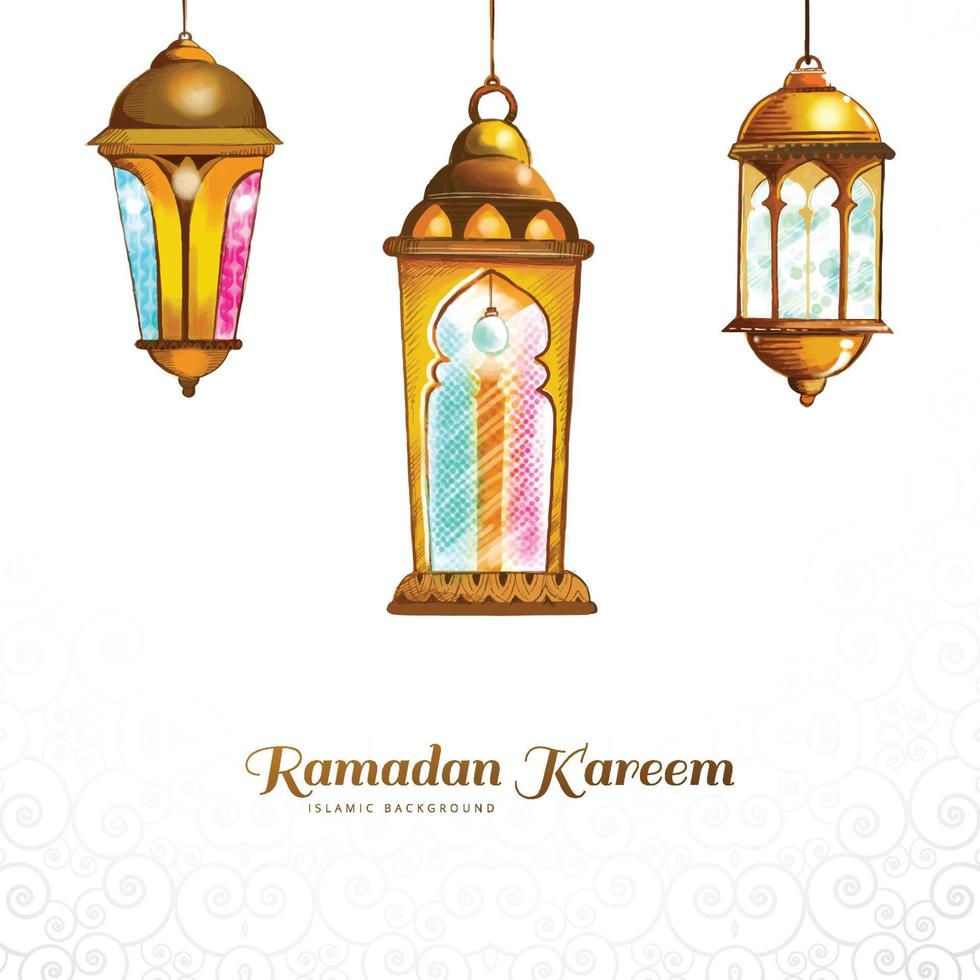 ramadan kareem drei bunte traditionelle islamische lampenkartenhintergrund vektor