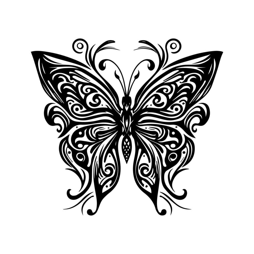 ein schön Schmetterling Stammes- tätowieren mit kompliziert Linie Kunst, Hand gezeichnet Illustration perfekt zum Ihre Nächster tätowieren Design vektor