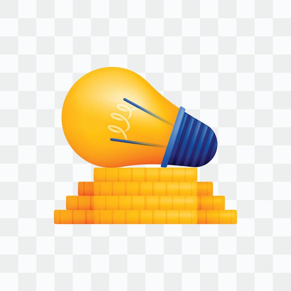 3d ikon realistisk framställa stil av lampa eller ljus Glödlampa liggande på lugg av mynt pengar, liknelse av idéer och tankar till manifestera rikedom och finansiell frihet. kan vara Begagnade för webbplatser, appar, annonser, affisch vektor