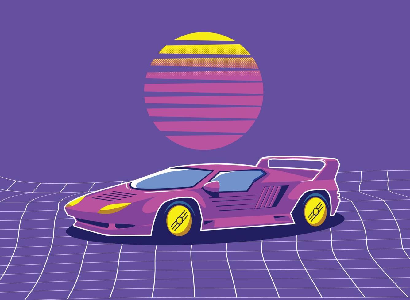 retro 80s sci-fi trogen stil bakgrund med superbil. vektor retro trogen synthwave