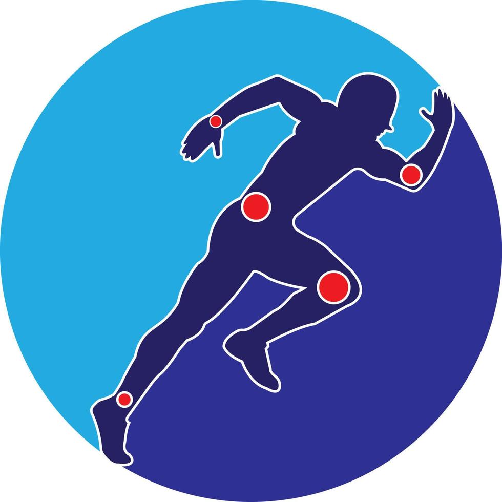 aktiv Mann, Laufen Silhouette, Joint Schmerzen Symbole, Logo Symbol. Physiotherapie Behandlung Design Vorlage Vektor mit Menschen laufen. bunt Vektor Gesundheit Physiotherapie Klinik Logo Physiotherapie Logo