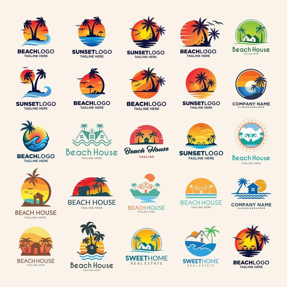 echt Nachlass Vektor Logo Design, Süss Zuhause Immobilien mit das Linie, Sonne, Kokosnuss Baum, Palme, Strand, und Dach, Strand Haus Logo Design Lizenzgebühren kostenlos echt Nachlass Strand Hotel Logo