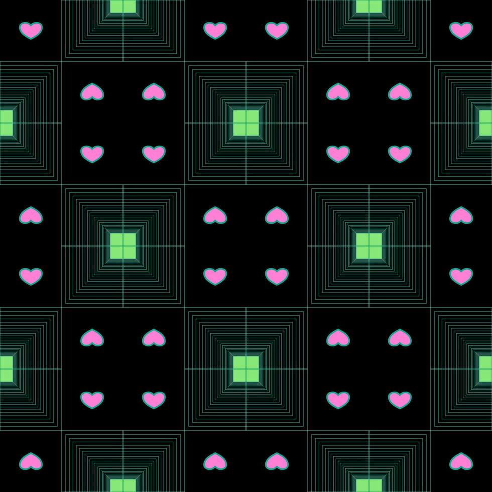 geometrisk fyrkant grön ljus teknologi abstrakt linje och rosa hjärta kärlek sömlös mönster i svart bakgrund vektor
