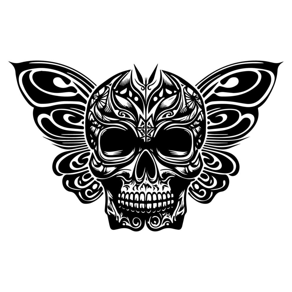 en fantastisk svart och vit linje konst illustration av en skalle med en fjäril kropp, invecklat hand dragen till fånga dess skönhet och mysterium vektor