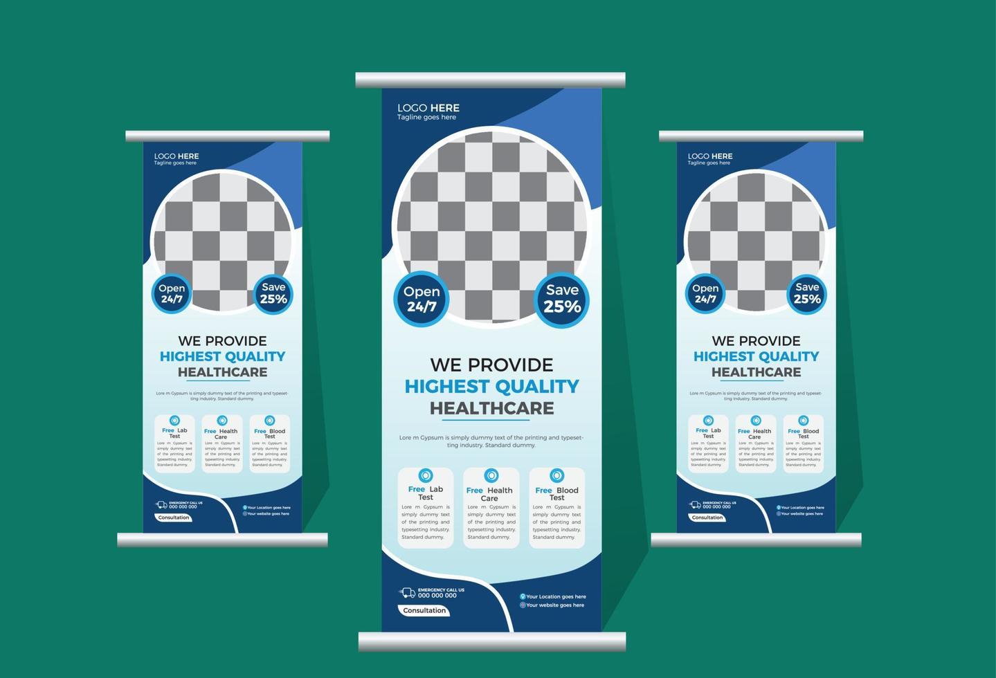 medizinisch aufrollen Banner Design Vorlage. Gesundheitswesen aufrollen und standee Banner Design Vorlage. vektor