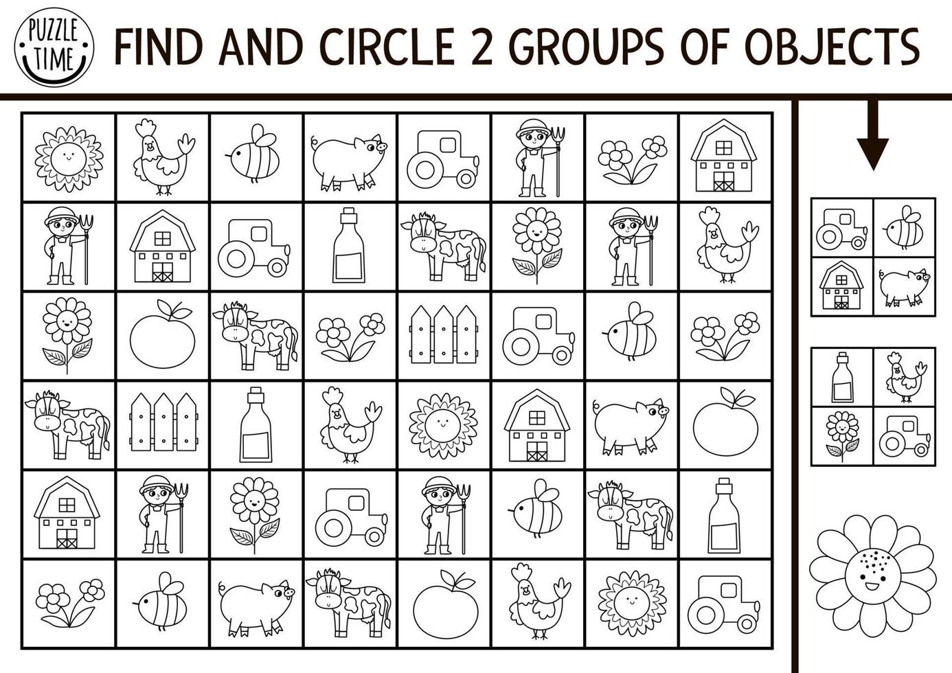 på de bruka söka och hitta svart och vit spel med traditionell symboler. uppmärksamhet Kompetens pussel med jordbrukare, ladugård, traktor. bruka tryckbar färg sida för ungar. Land sökande pussel vektor