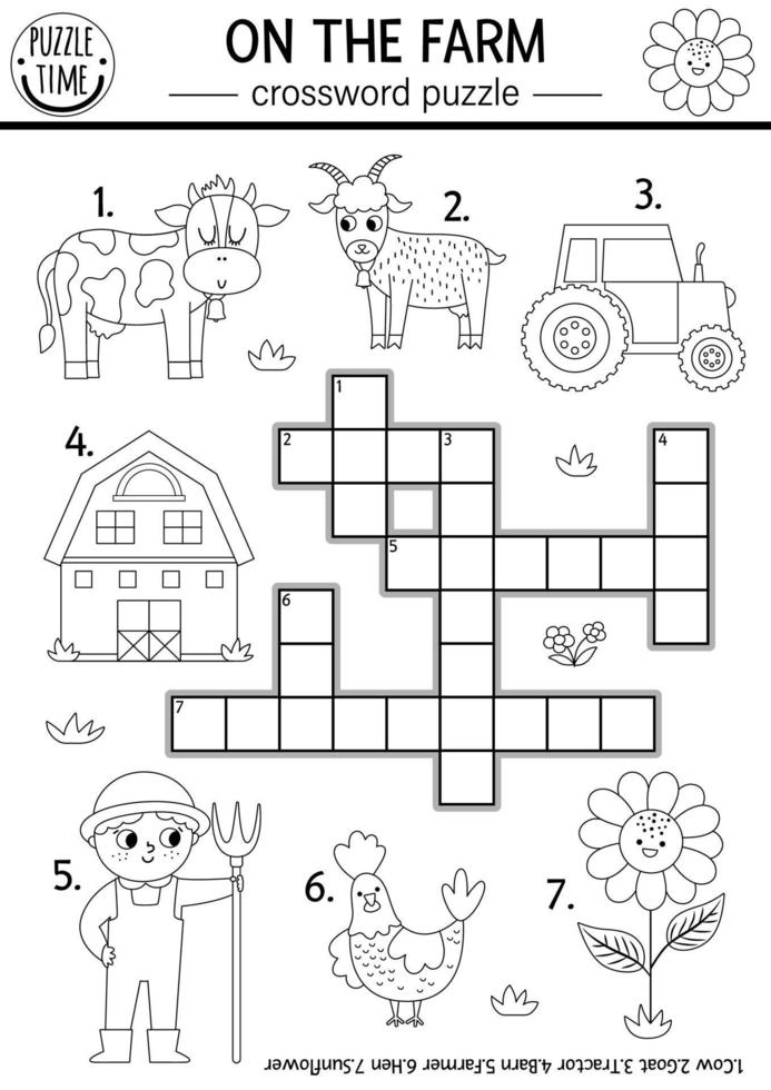 Vektor auf das Bauernhof schwarz und Weiß Kreuzworträtsel Puzzle zum Kinder. einfach Bauernhof Linie Quiz zum Kinder. Land lehrreich Aktivität mit Kuh, Bauer, Traktor, Scheune. ländlich Dorf Kreuz Wort Färbung Seite