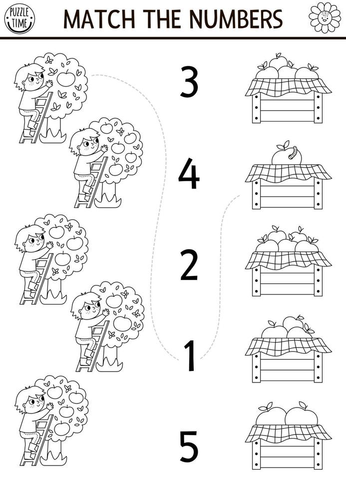 match de tal svart och vit bruka spel med jordbrukare, äpplen. lantlig Land eller trädgård matematik aktivitet eller färg sida. på de bruka pedagogisk räkning kalkylblad med frukt träd vektor