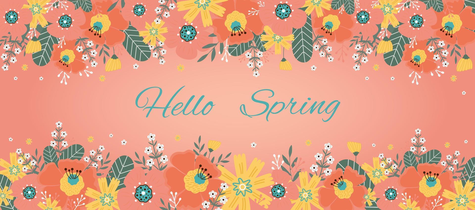 Hallo Frühling. Gruß Karte mit Frühling Blumen, Blätter. vektor