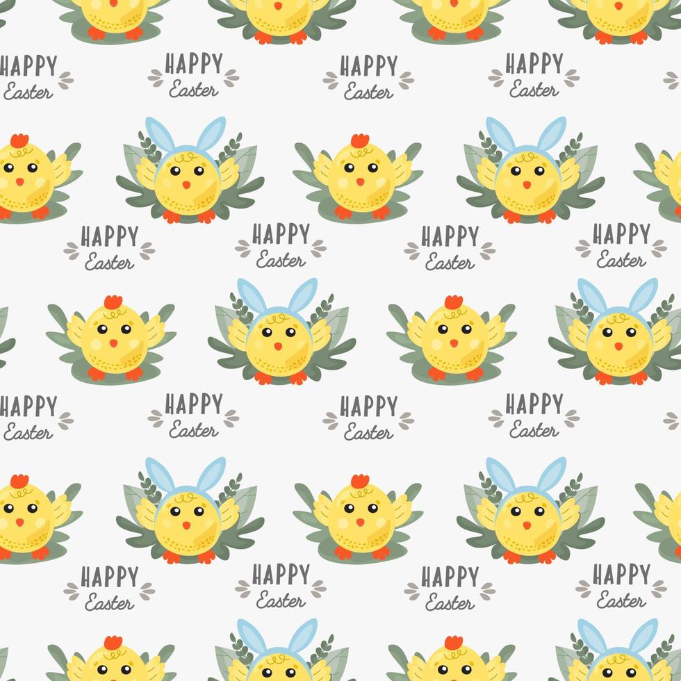 komisch Gelb Hühner mit Hase hört. glücklich Ostern, nahtlos Muster Textil- Verpackung Design zum Design von das Abdeckung, Produkt Verpackung, Werbung Banner, Postkarte, Drucken auf Textil. vektor